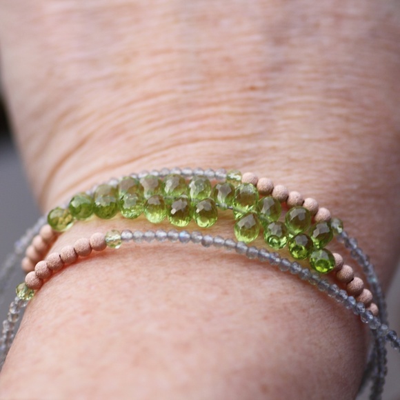 14k Rose Gold Filled Labradorite Peridot Wrap Bracelet Convertible Necklace - Picture 5 of 11